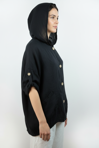Leinen Hooded Overshirt Schwarz – Seitenansicht