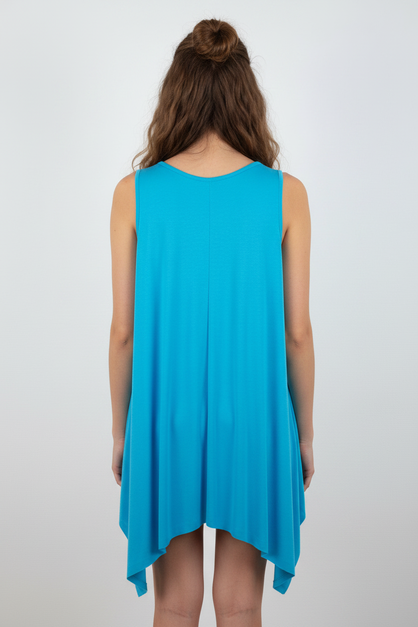 Asymmetrische Tunika Türkis – Model Rücken