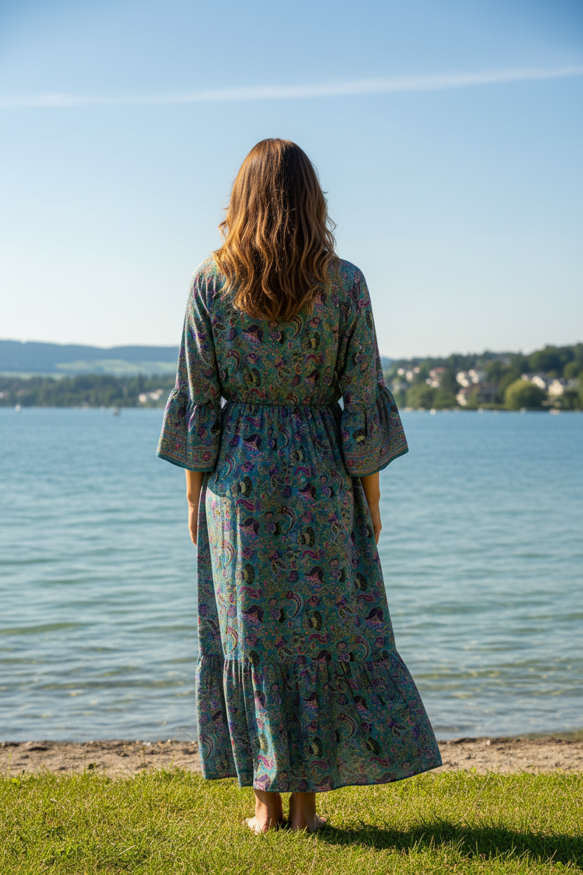 Boho Maxikleid Paisley Blumen Muster Türkis/Lila/Pink – Rückenansicht