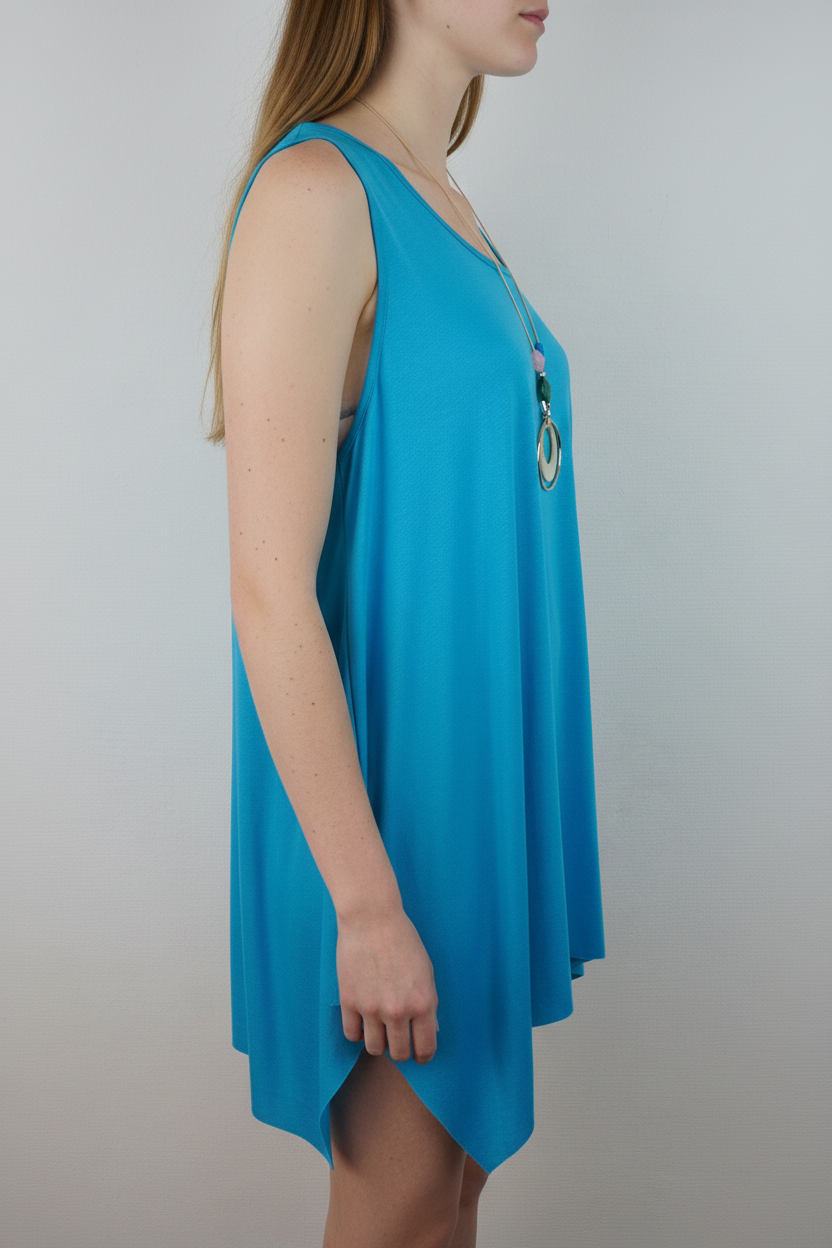 Asymmetrische Tunika Türkis – Model Seite