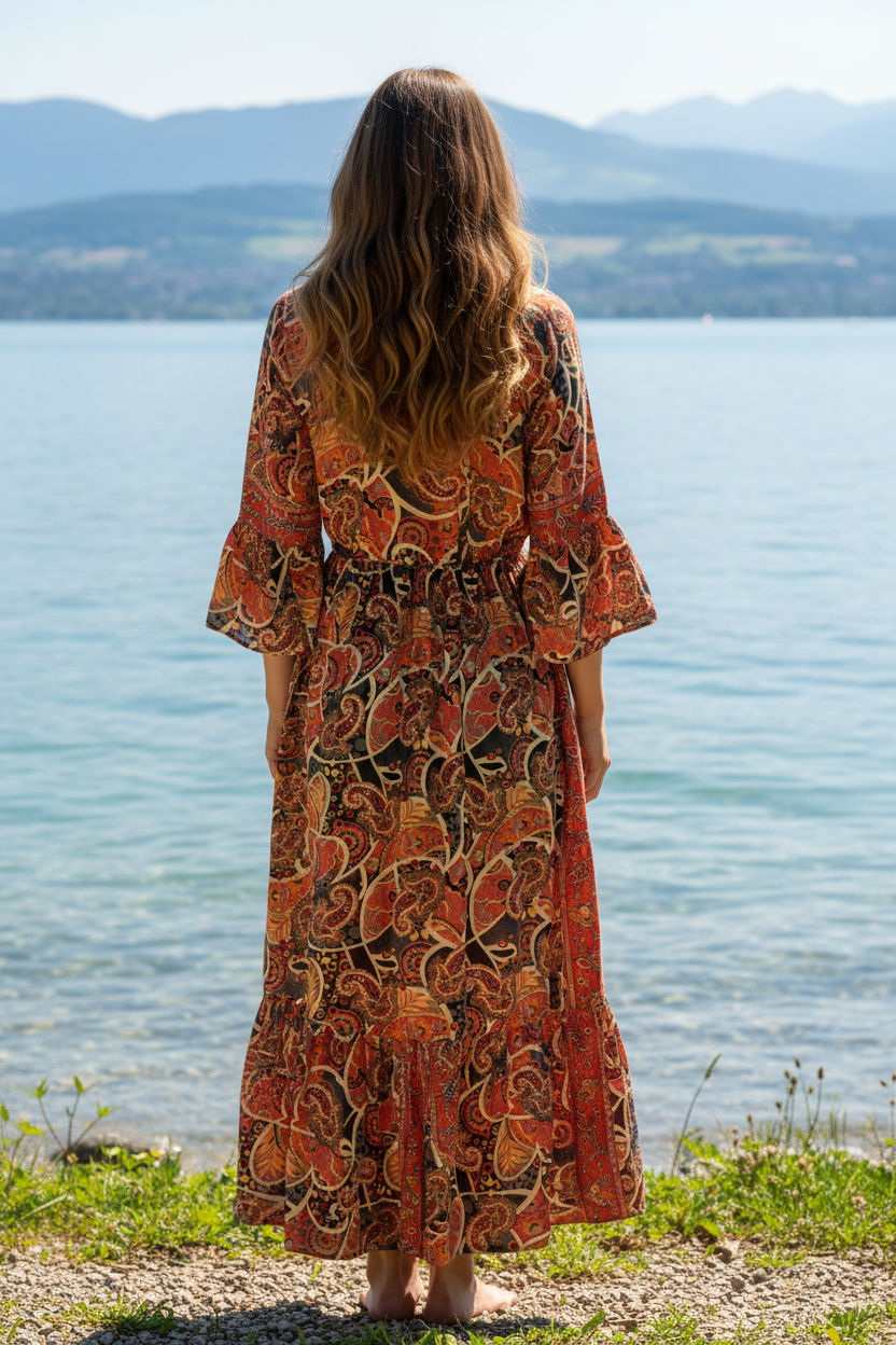 Boho Maxikleid Paisley Muster Rot/Orange/Schwarz – Rückenansicht