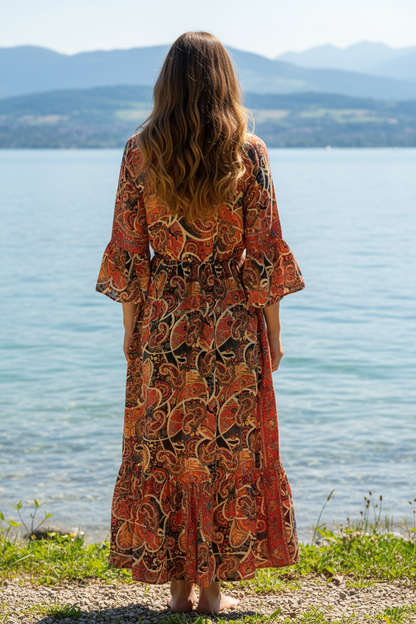 Boho Maxikleid Paisley Muster Rot/Orange/Schwarz – Rückenansicht