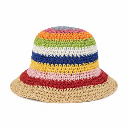 Detailaufnahme Boho Bucket Hat Erdtöne – Häkelstruktur & Nähte