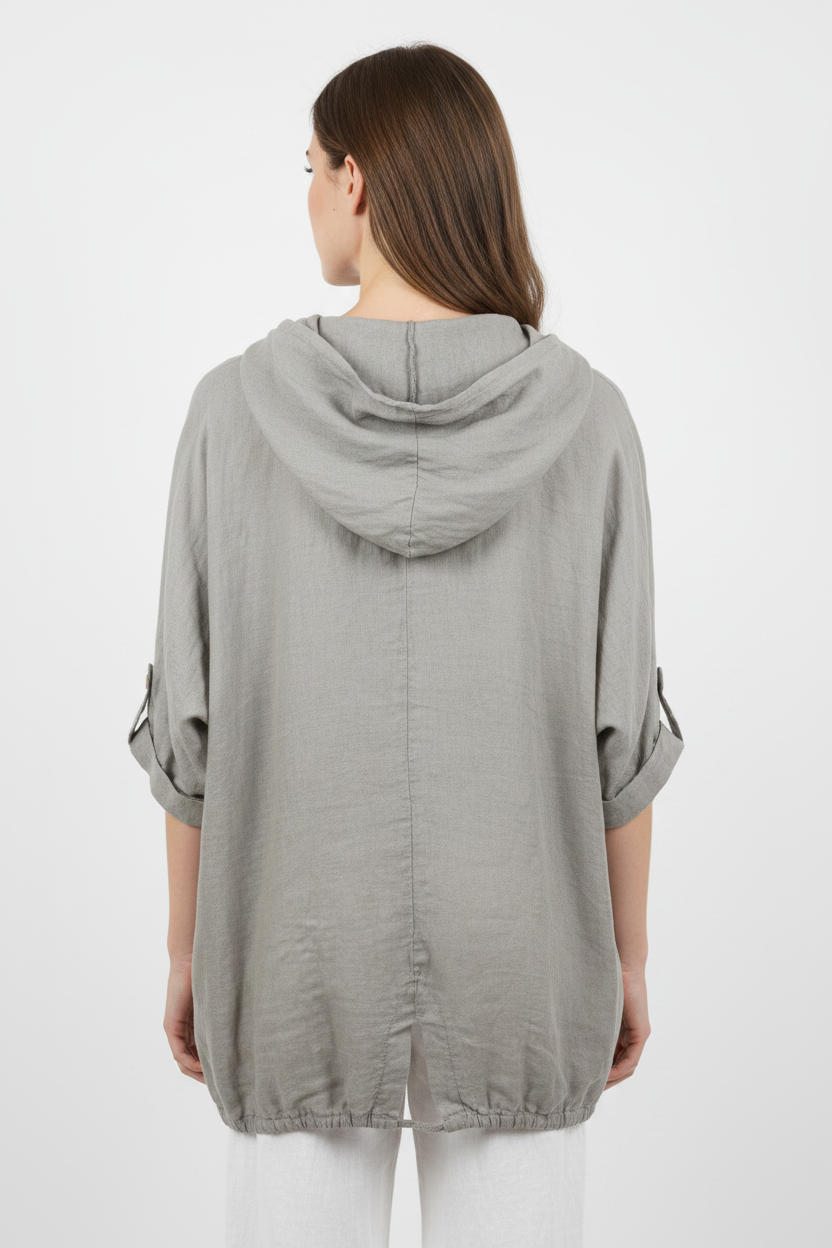 Leinen Hooded Overshirt Grau – Rückansicht