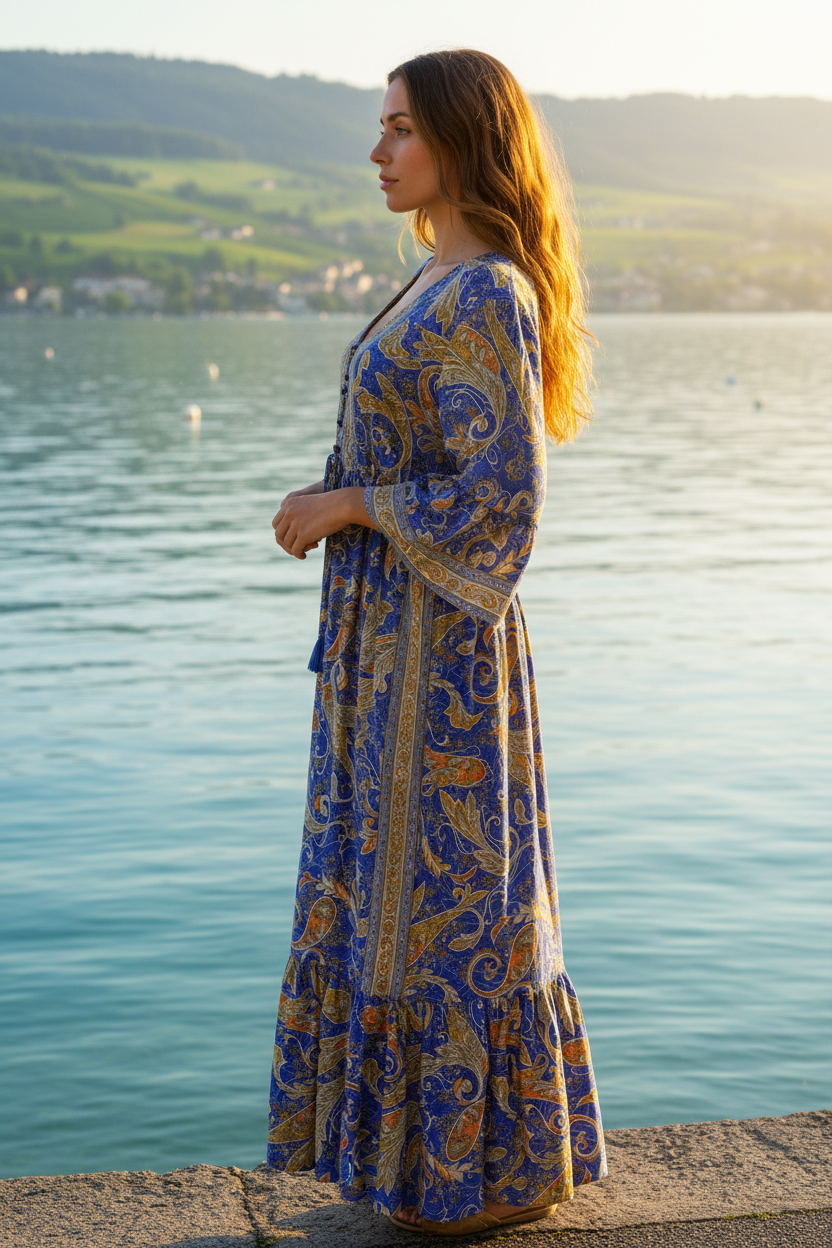 Boho Maxikleid Paisley Ethno Muster Blau/Gold – Seitenansicht