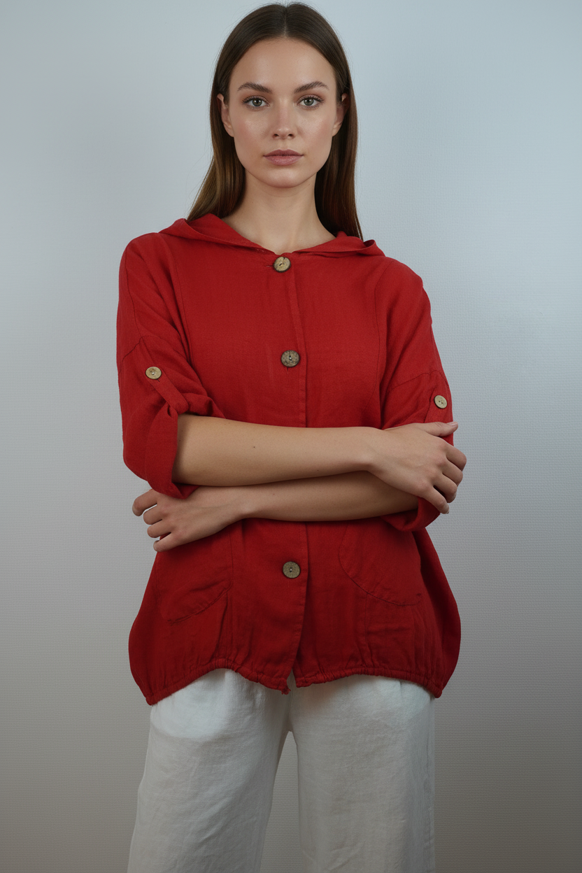 Leinen Hooded Overshirt Rot – Vorderansicht