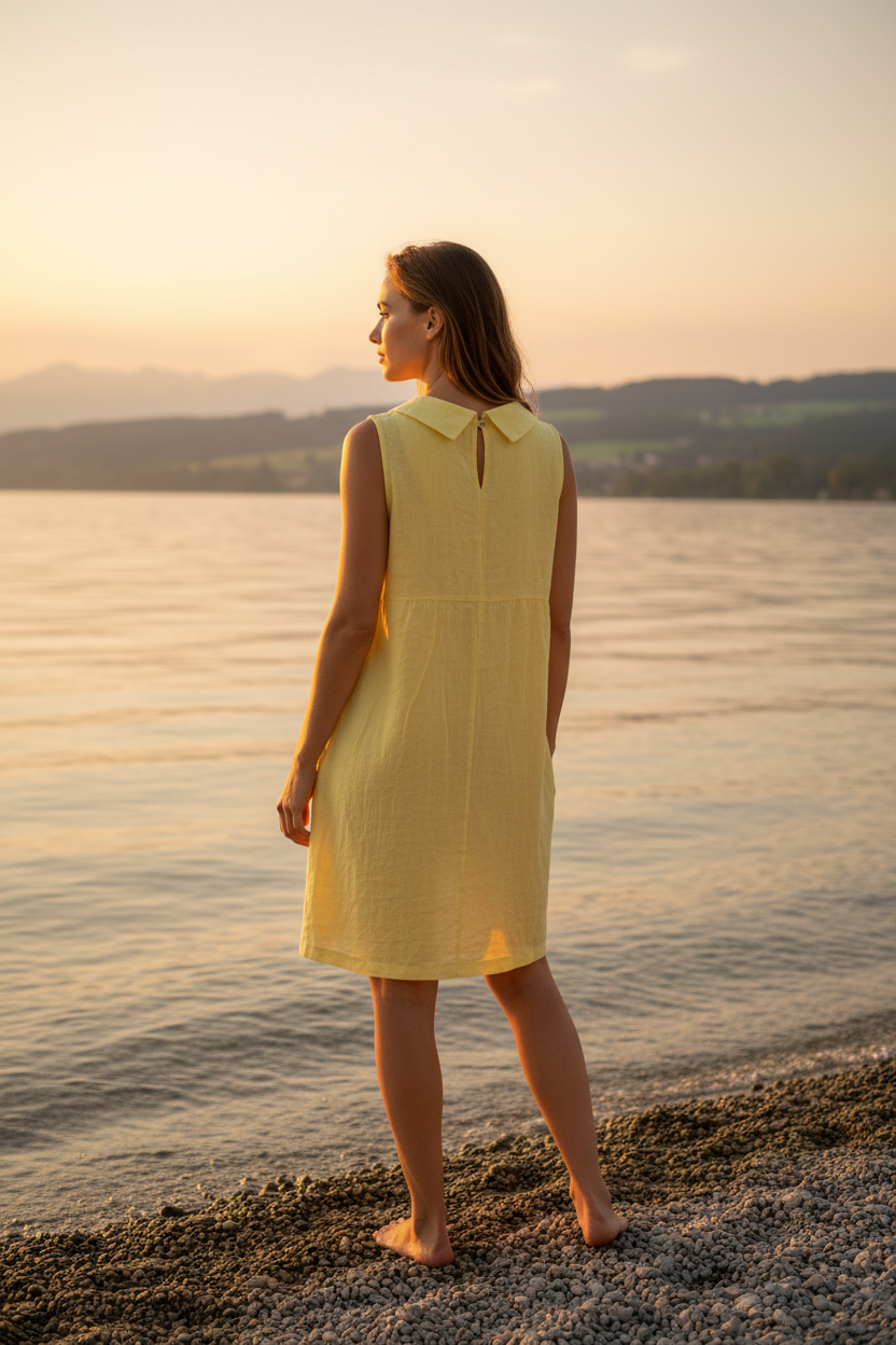 Gelbes Leinenkleid – Rückenansicht Bodensee