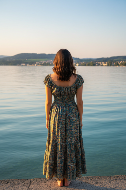 Boho Maxi Kleid Petrol Paisley – KI Modelbild Rückenansicht Bodensee