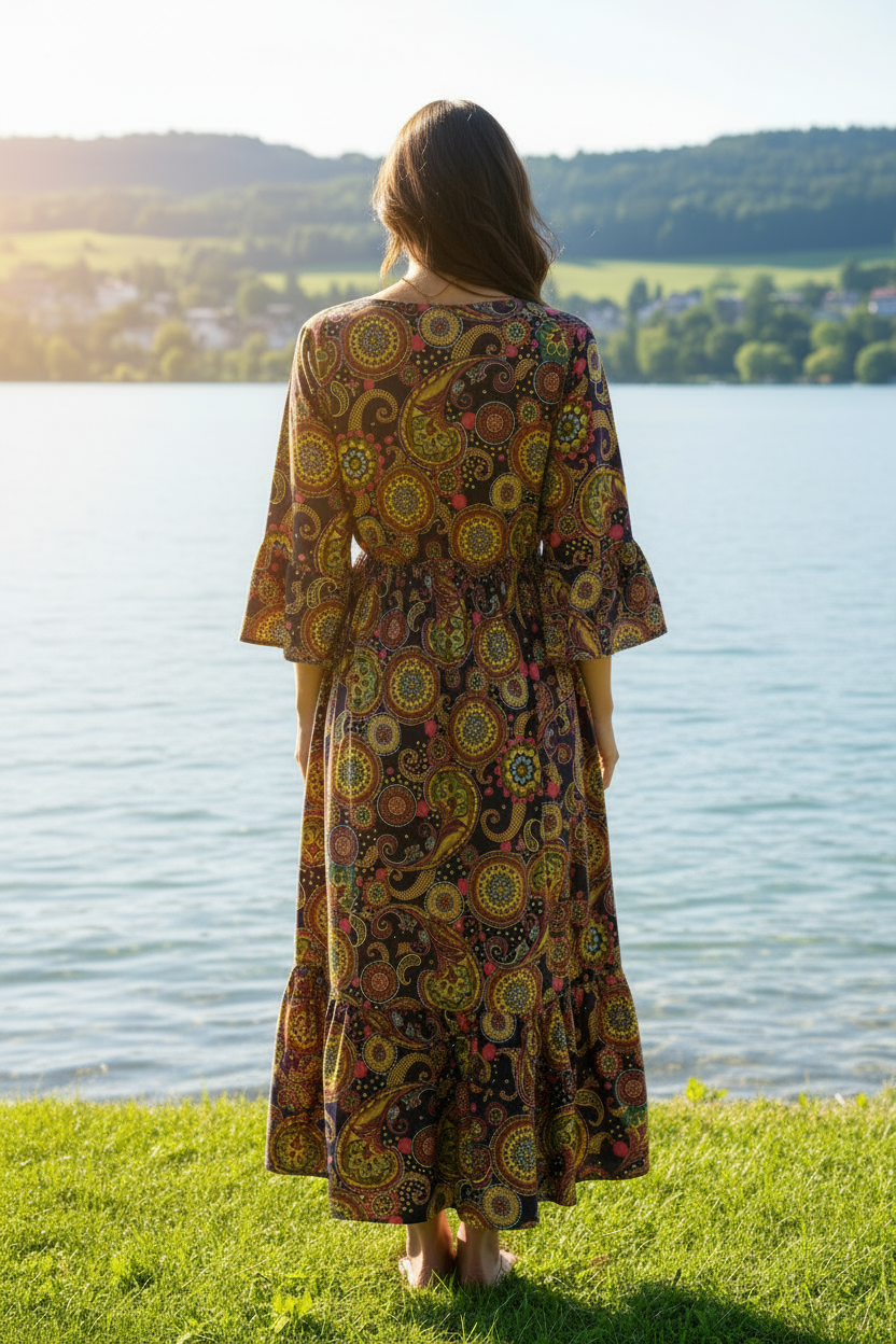 Boho Maxikleid Paisley Mandala Multicolor Dunkelbunt – Rückenansicht