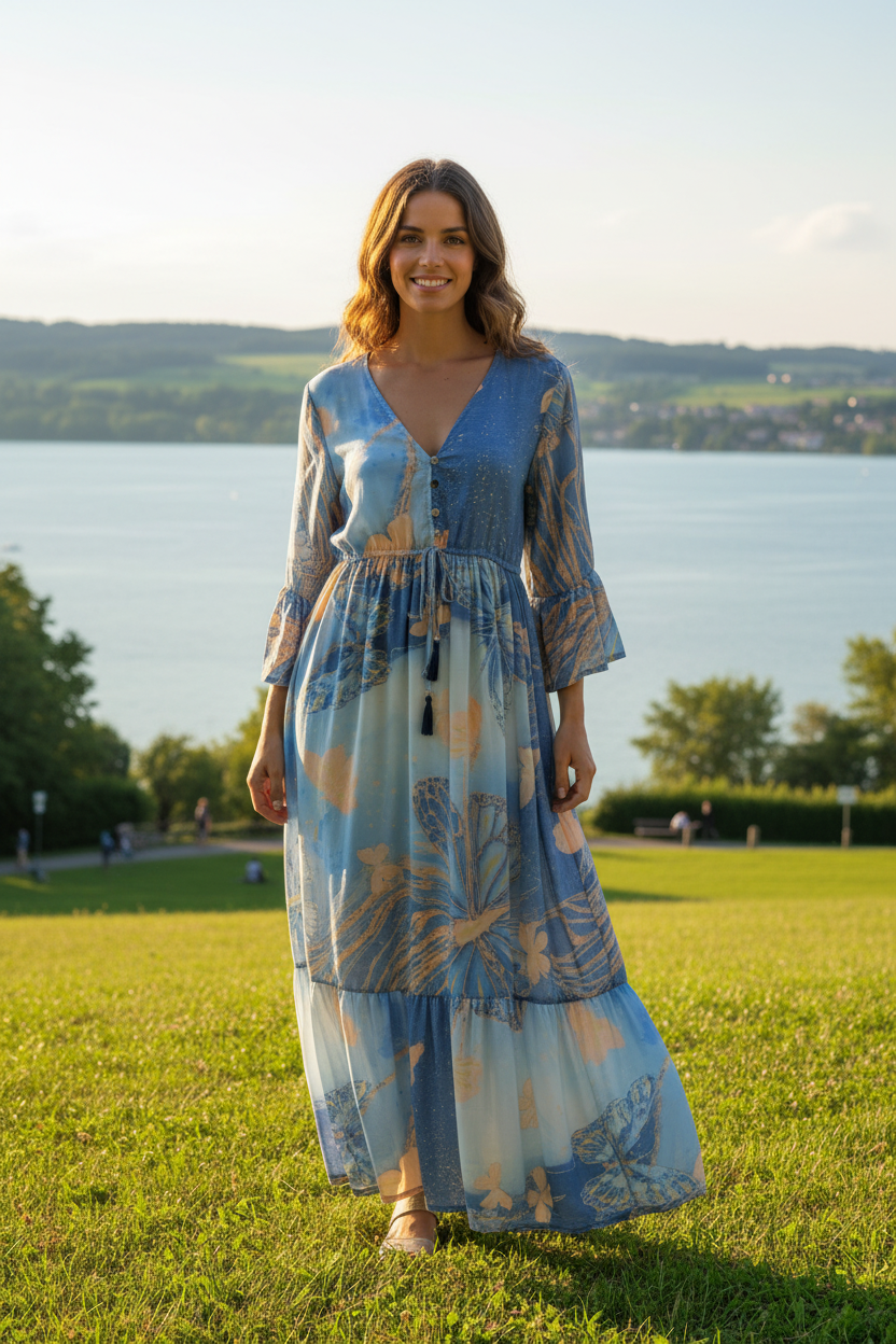 Boho Maxikleid abstraktes Ethno Muster Blau/Peach – Vorderansicht
