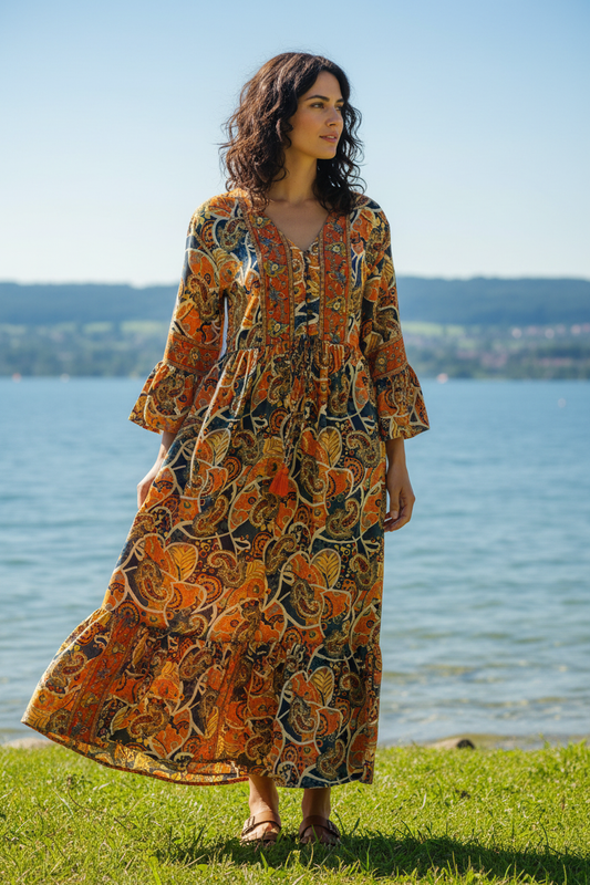 Boho Maxikleid Paisley Blatt Muster Orange/Blau/Gelb – Vorderansicht