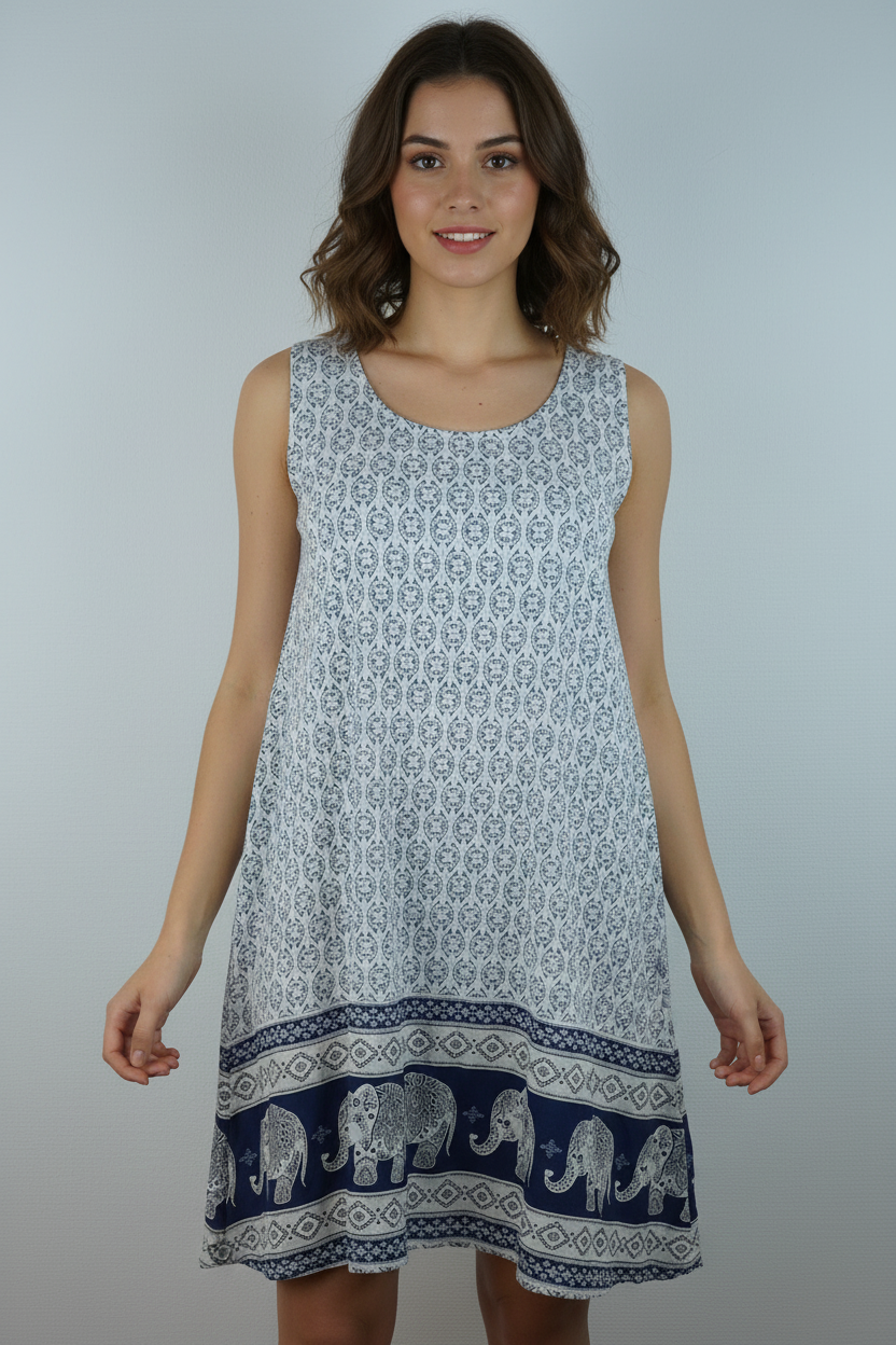 Kleid Elefanten-Muster Weiß – Model Front