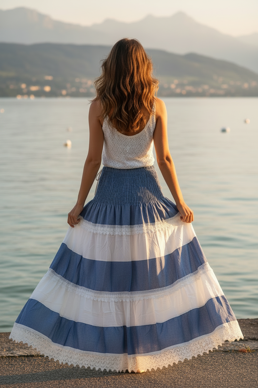Boho-Stufenrock Blau/Weiß Hinten Bodensee