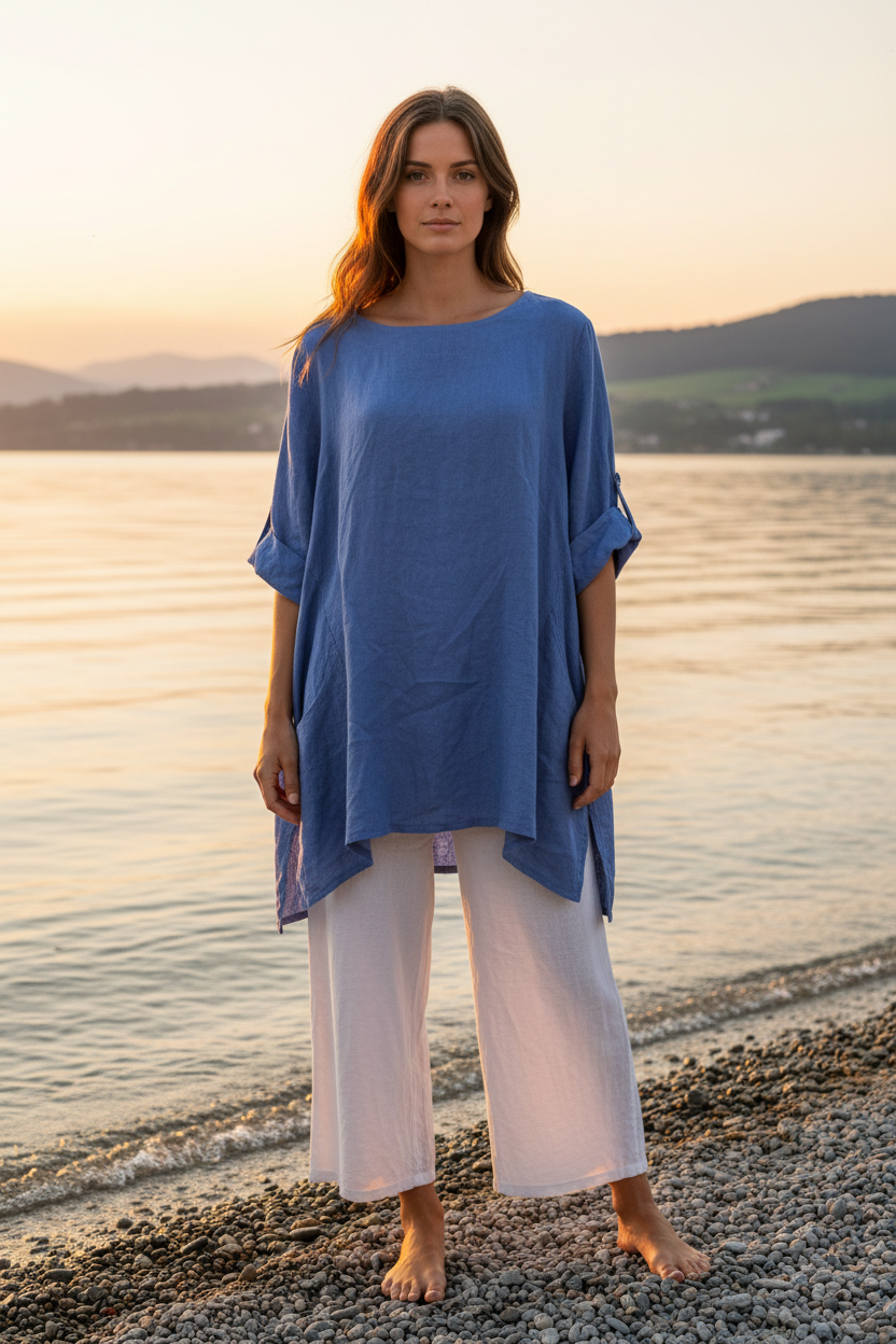 Leinen-Longshirt Blau – Vorderansicht Bodensee