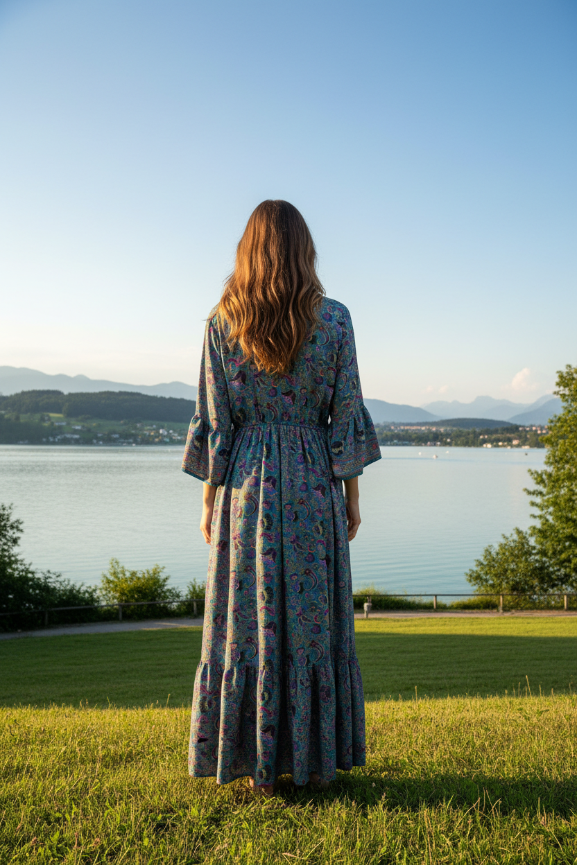 Boho Maxikleid Paisley Ethno Muster Türkis/Lila – Rückenansicht
