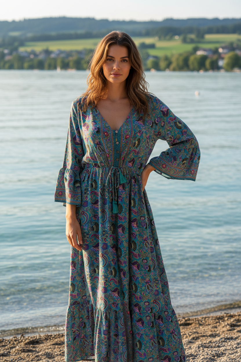 Boho Maxikleid Paisley Ethno Muster Türkis/Lila – Vorderansicht