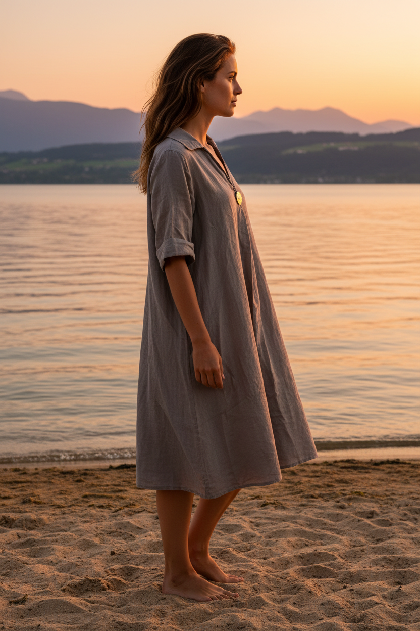Graues Leinenkleid – Seitenansicht Bodensee