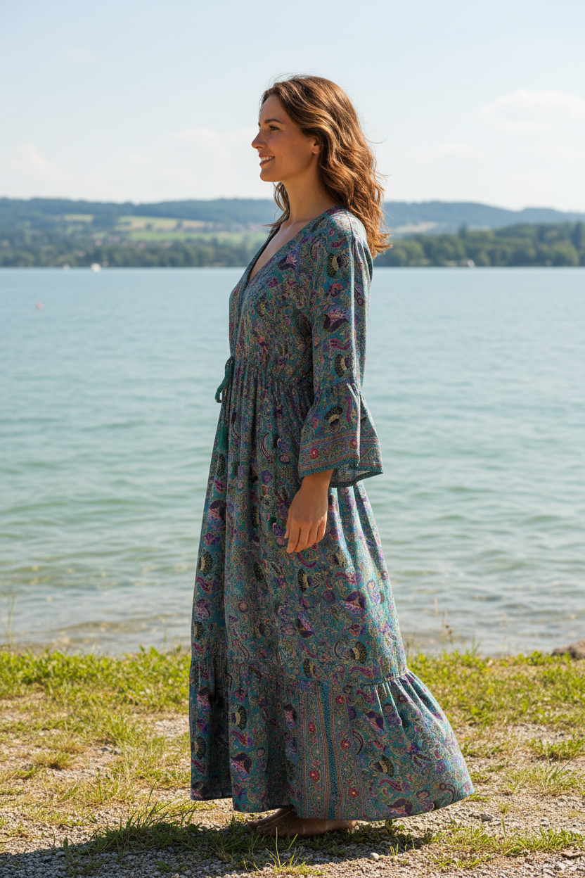Boho Maxikleid Paisley Blumen Muster Türkis/Lila/Pink – Seitenansicht