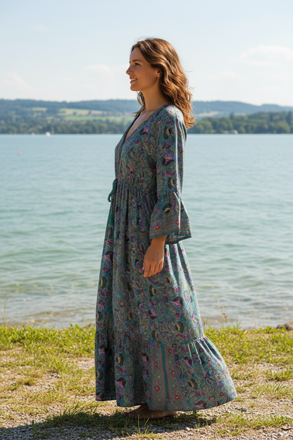 Boho Maxikleid Paisley Blumen Muster Türkis/Lila/Pink – Seitenansicht