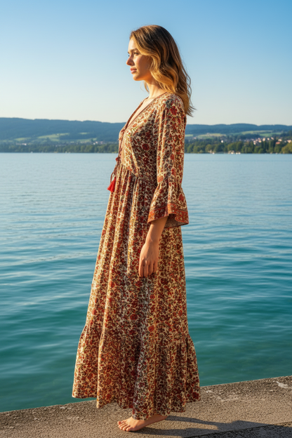 Boho Maxikleid florales Ethno Muster Beige/Rot – Seitenansicht