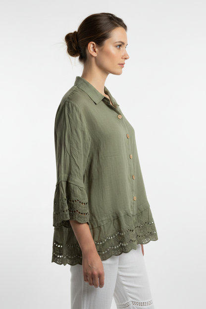 Leinen Bluse Bianca Italia Khaki – Seitenansicht