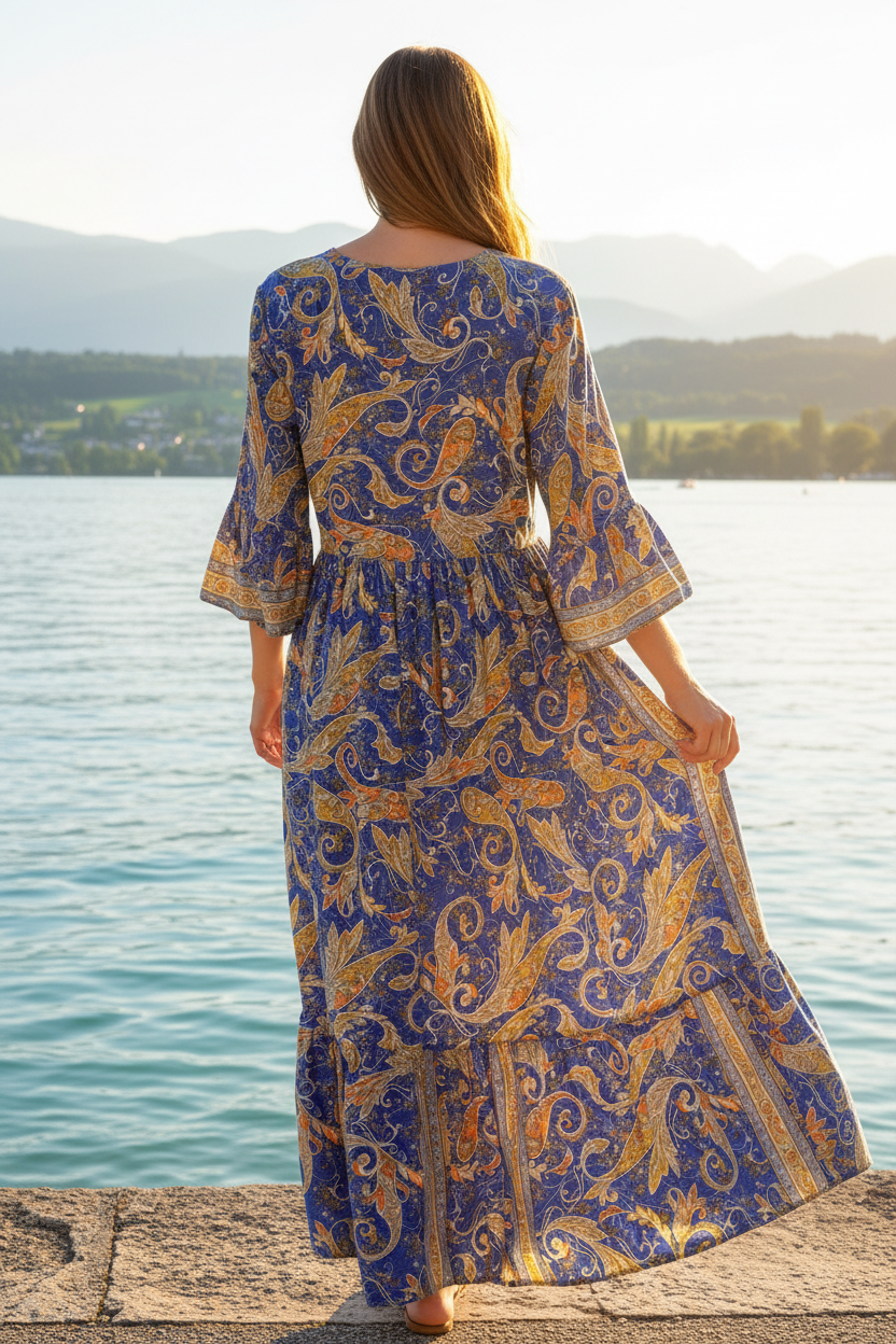 Boho Maxikleid Paisley Ethno Muster Blau/Gold – Rückenansicht