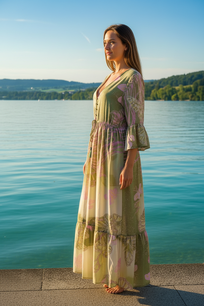 Boho Maxikleid Butterfly Print Grün/Pink/Creme – Seitenansicht