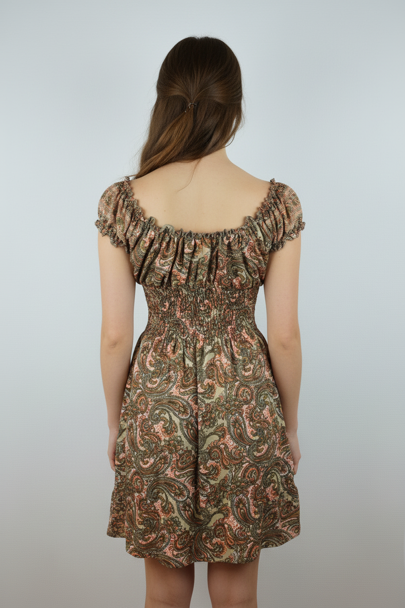 Boho Sommerkleid Paisley Braun/Olive/Rosa – Model Rücken