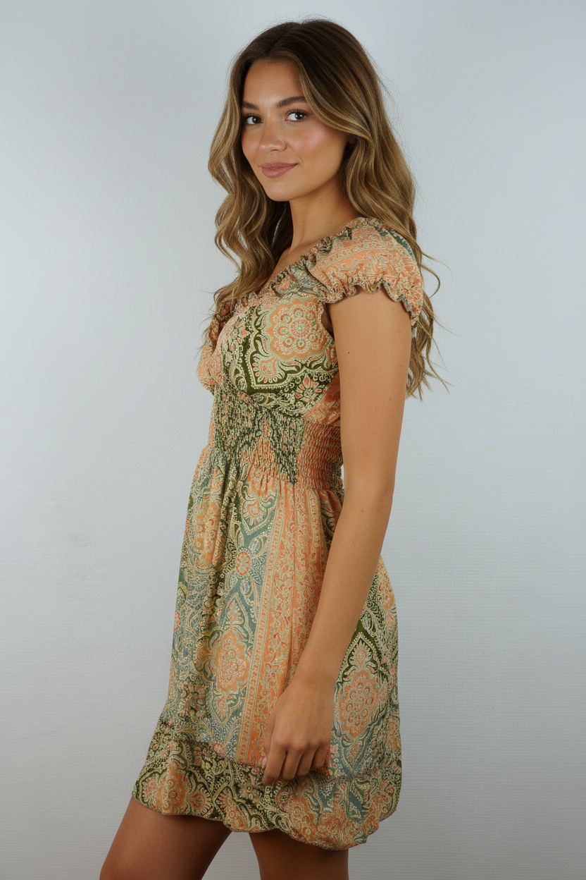 Boho Sommerkleid Damask Apricot – Model Seite