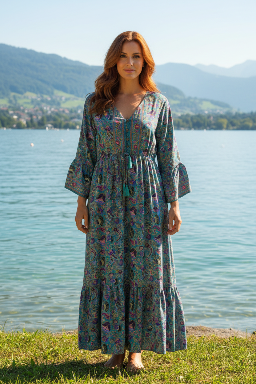 Boho Maxikleid Paisley Blumen Muster Türkis/Lila/Pink – Vorderansicht