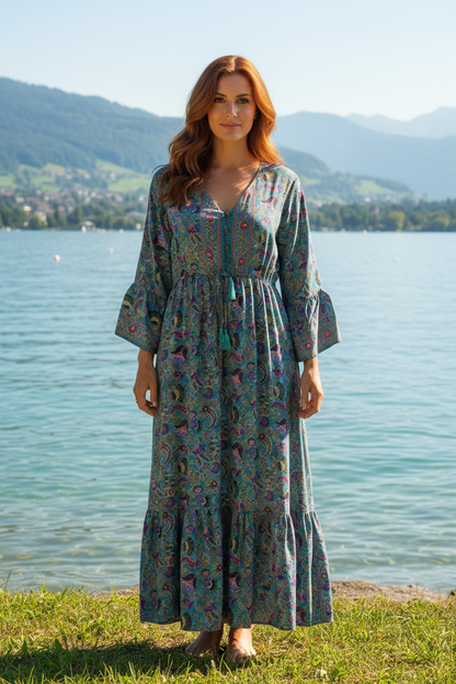 Boho Maxikleid Paisley Blumen Muster Türkis/Lila/Pink – Vorderansicht