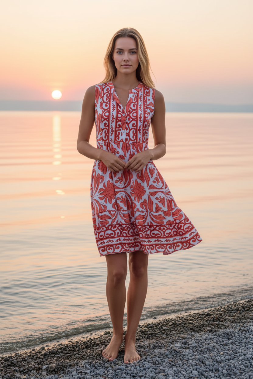 Sommerkleid Rot Boho-Print Bodensee Sonnenuntergang