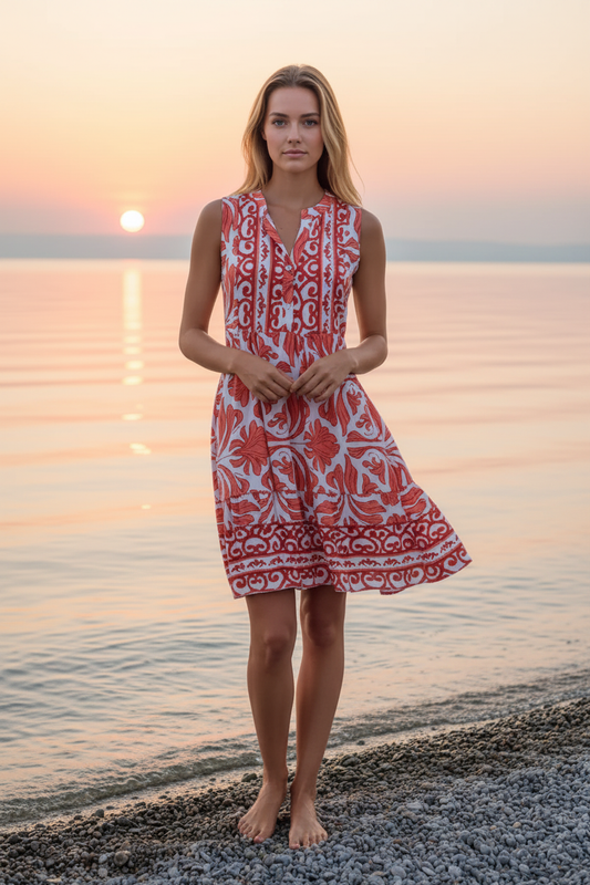 Sommerkleid Rot Boho-Print Bodensee Sonnenuntergang