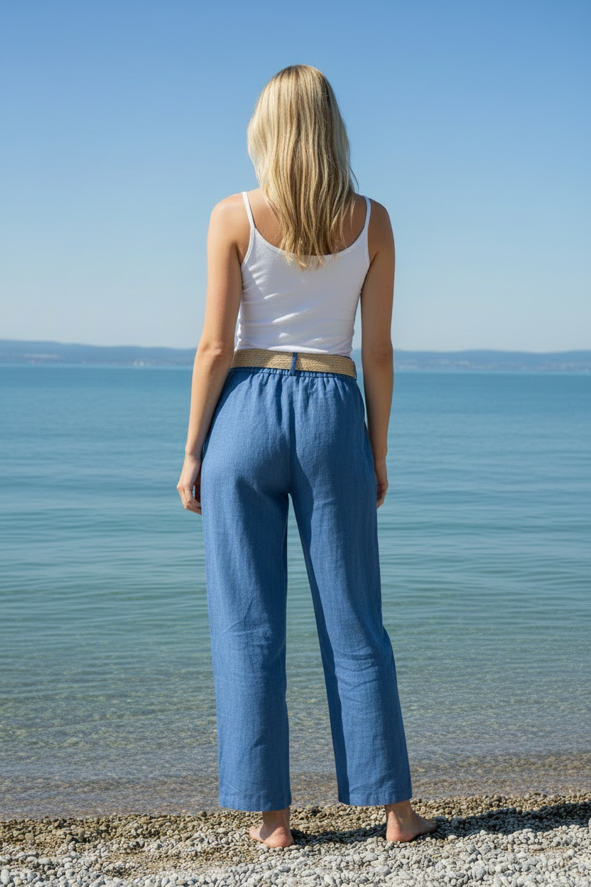 Leinenhose Mittelblau Rückansicht ohne Taschen