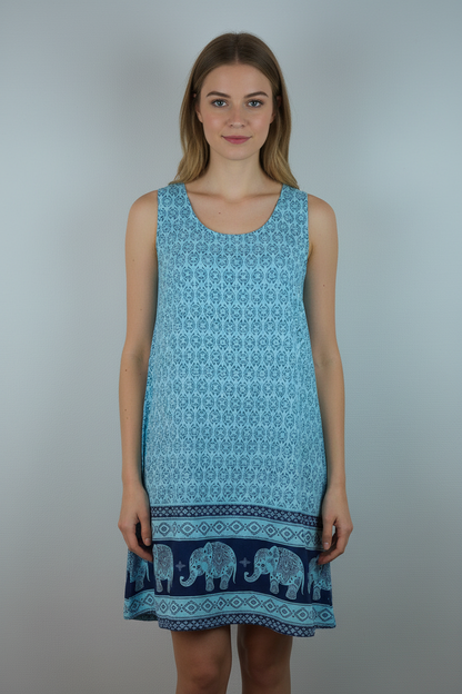 Kleid Elefanten-Muster Türkis – Model Front