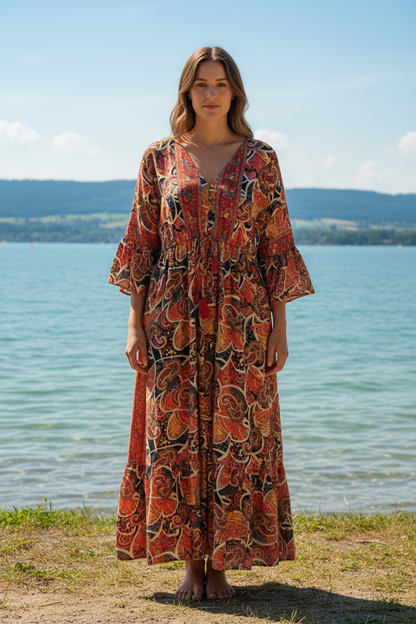 Boho Maxikleid Paisley Muster Rot/Orange/Schwarz – Vorderansicht