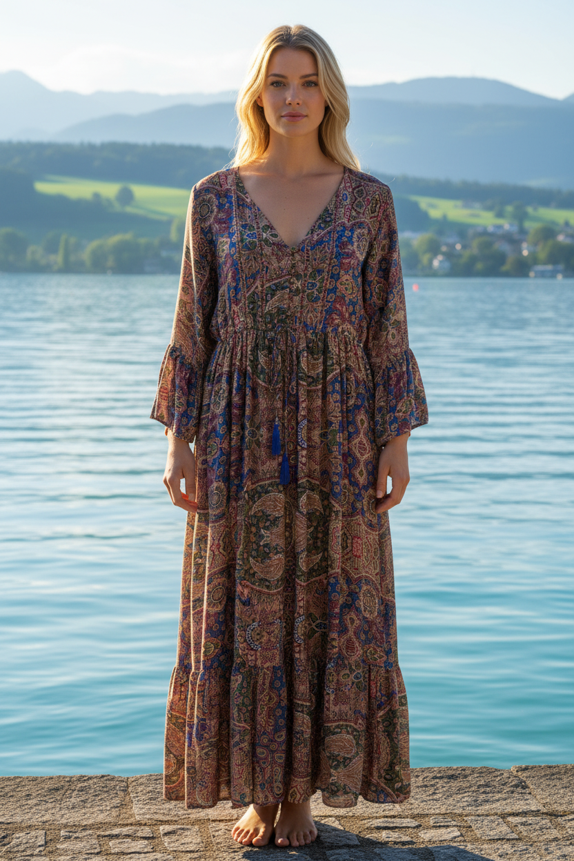 Boho Maxikleid Ethno Paisley Rot/Blau/Grün – Vorderansicht