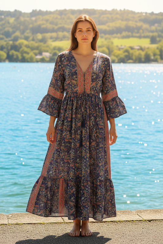 Boho Maxikleid Paisley Muster Dunkelblau/Rot/Gold – Vorderansicht