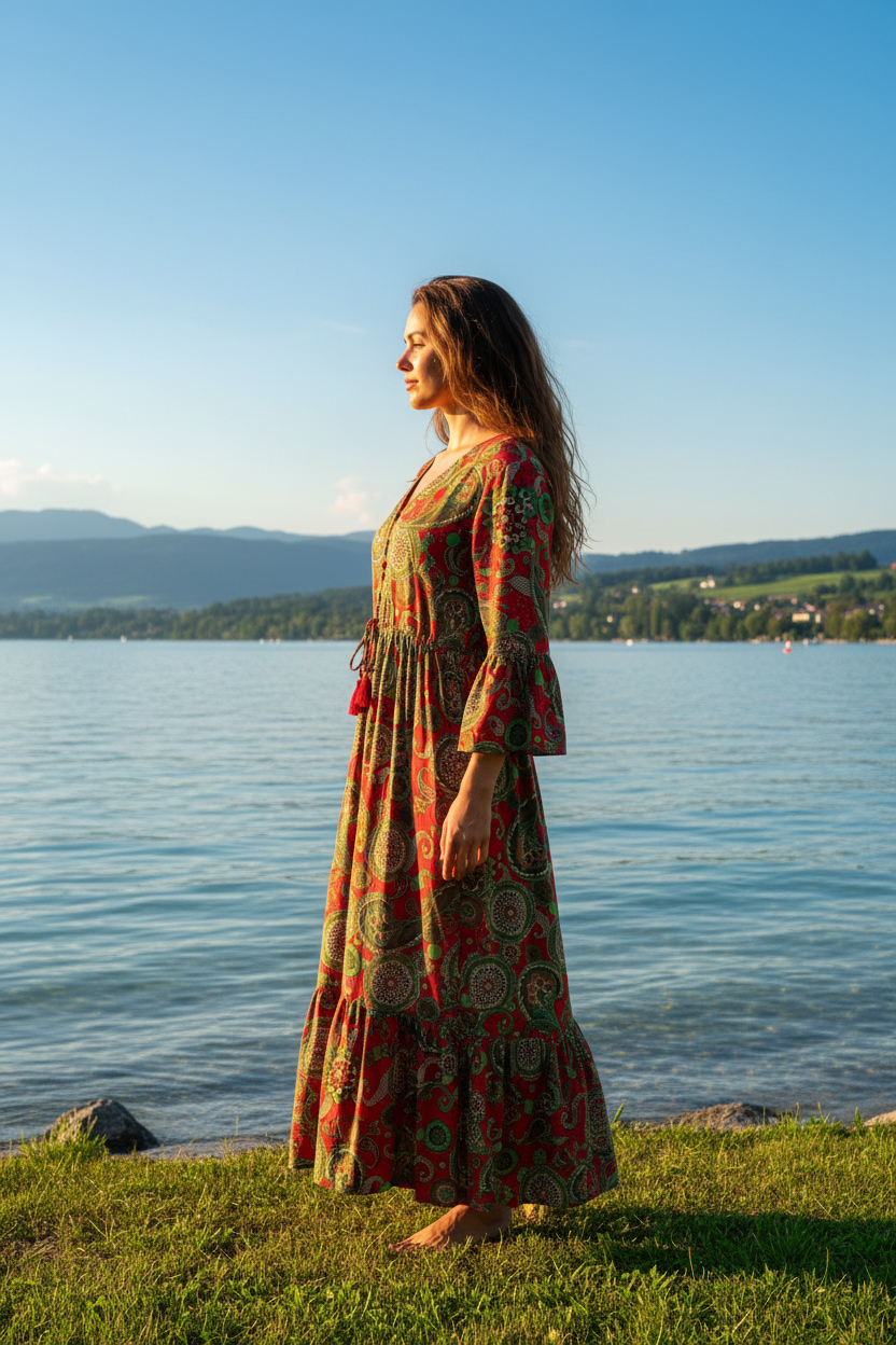 Boho Maxikleid Mandala Paisley Muster Rot/Grün/Olive – Seitenansicht