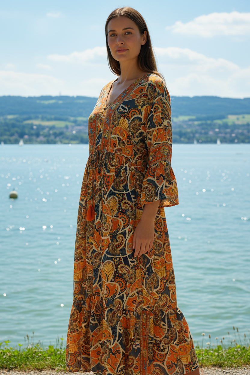Boho Maxikleid Paisley Blatt Muster Orange/Blau/Gelb – Seitenansicht