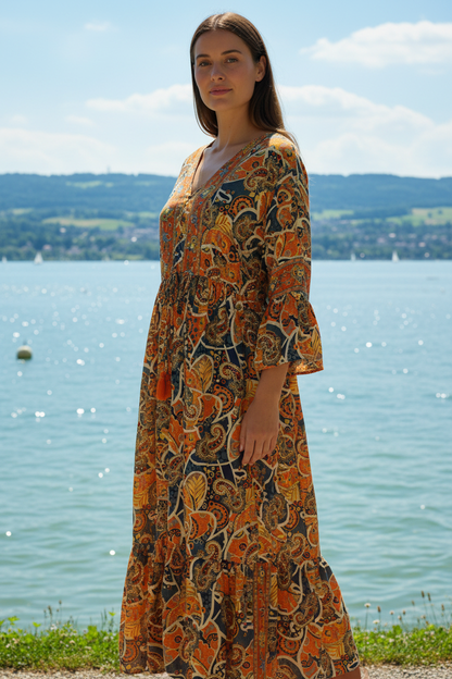 Boho Maxikleid Paisley Blatt Muster Orange/Blau/Gelb – Seitenansicht