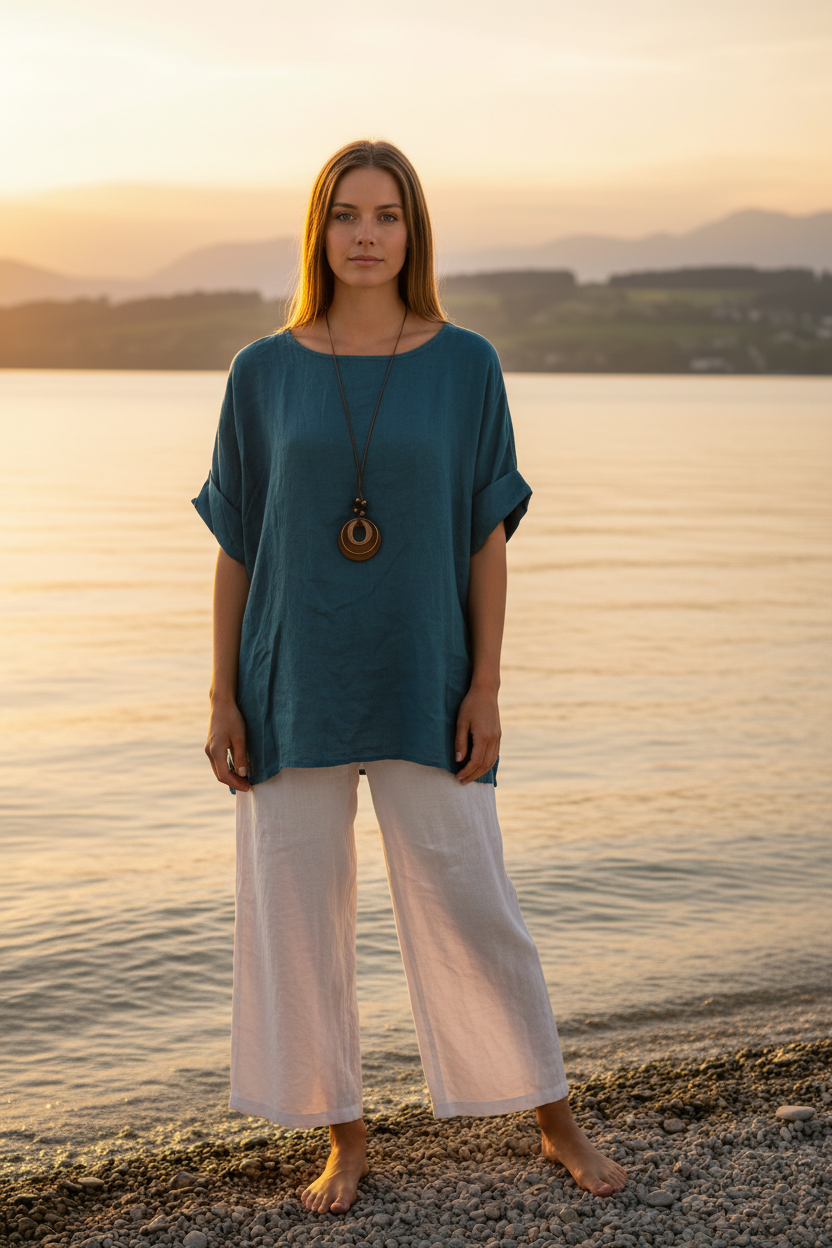 Leinen-Oberteil Smaragdteal mit Holzkette – Vorderansicht Bodensee