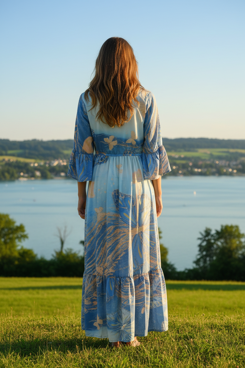 Boho Maxikleid Butterfly Print Blau/Peach/Beige – Rückenansicht