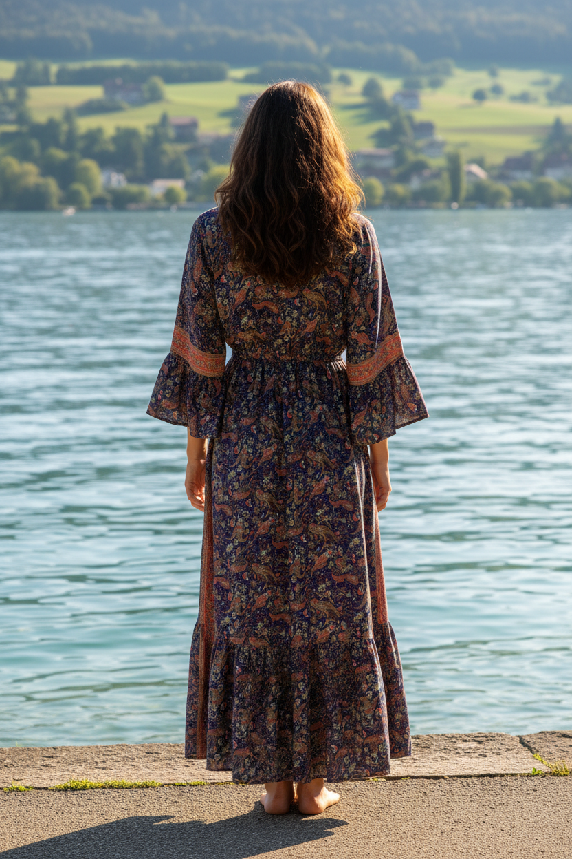 Boho Maxikleid Paisley Muster Dunkelblau/Rot/Gold – Rückenansicht