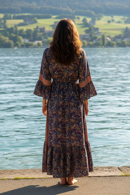 Boho Maxikleid Paisley Muster Dunkelblau/Rot/Gold – Rückenansicht