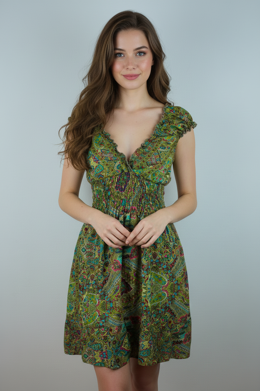Boho Sommerkleid Paisley Olivgrün – Model Front