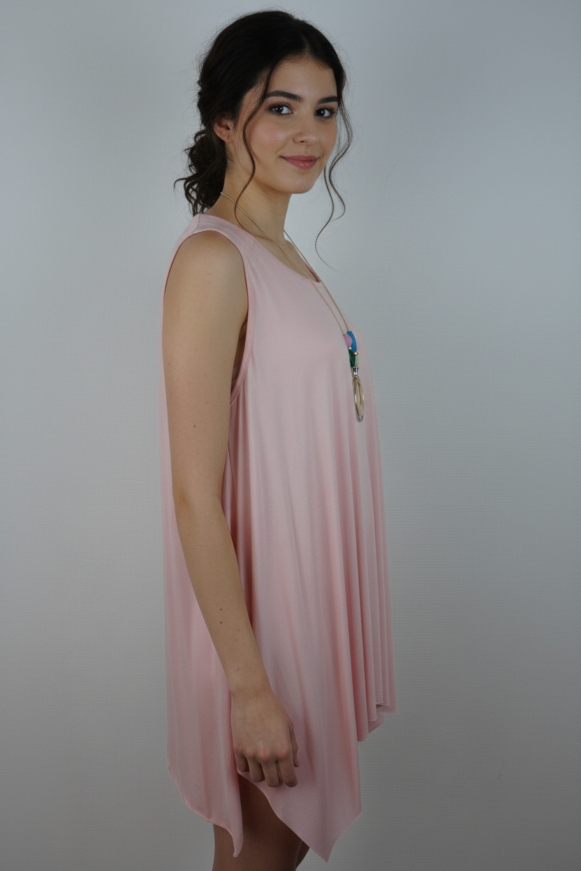 Asymmetrische Tunika Rosa – Model Seite