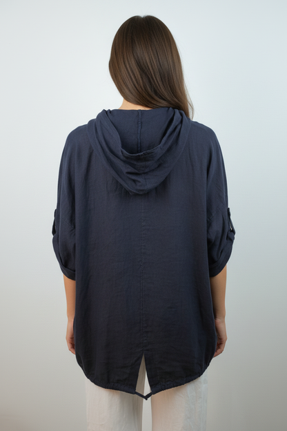 Leinen Hooded Overshirt Navy – Rückansicht