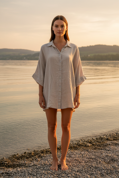Leinenbluse Beige – Vorderansicht Bodensee