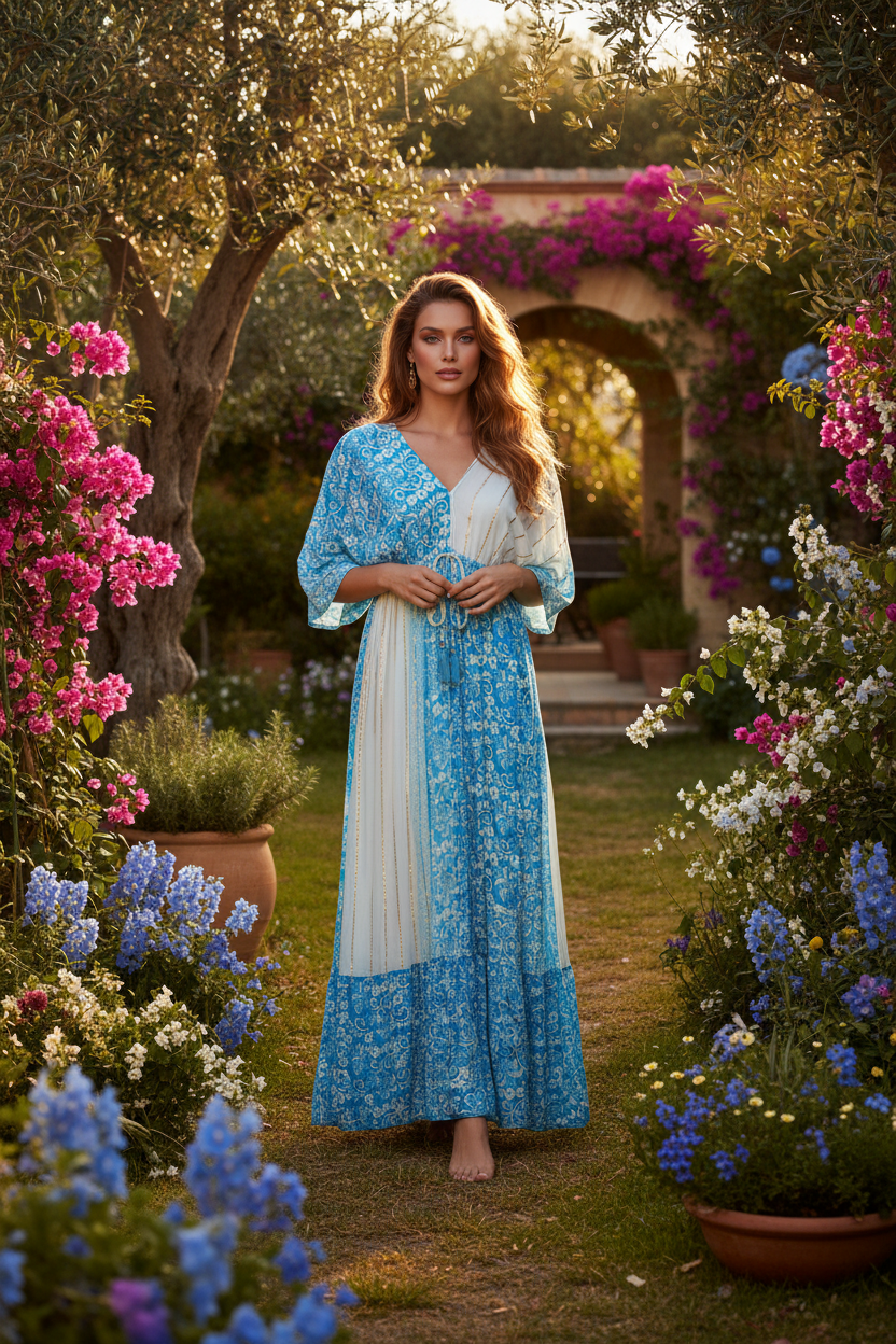 Boho Maxi Kleid – Blau/Weiß/Gold Mix Editorial